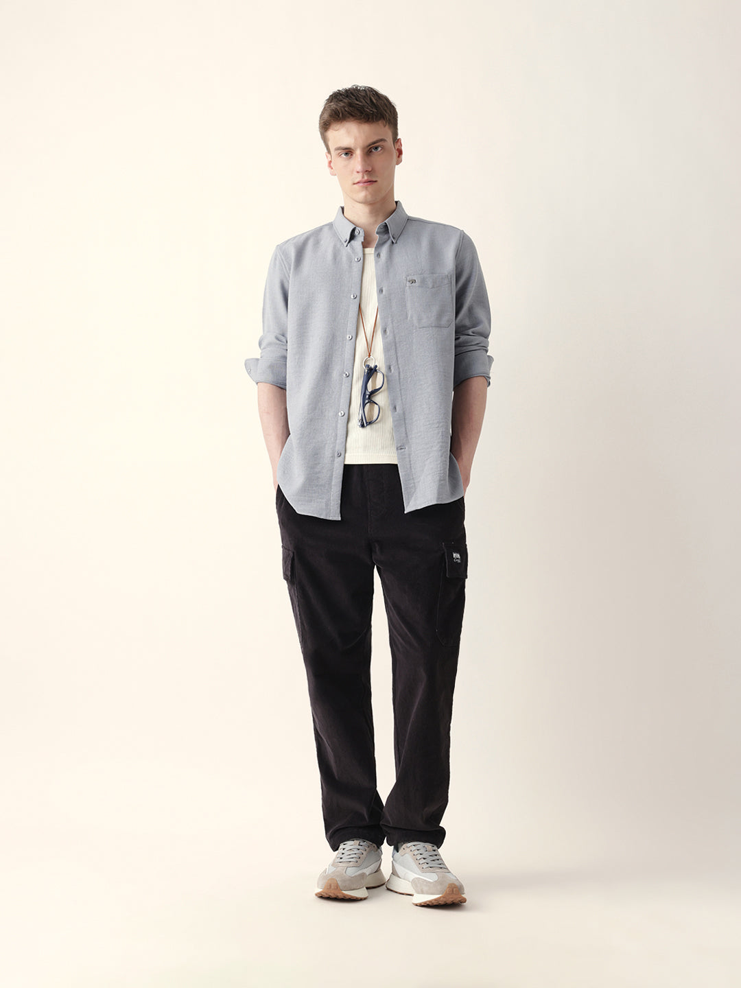 Men Casual Grey Textured Shirt
