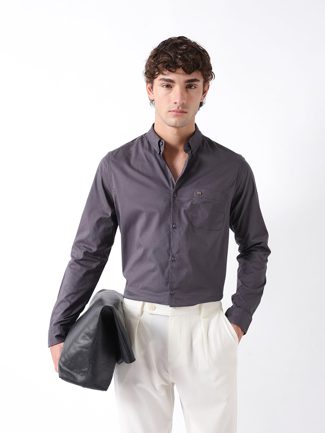 Men Grey Cotton Solid Shirt