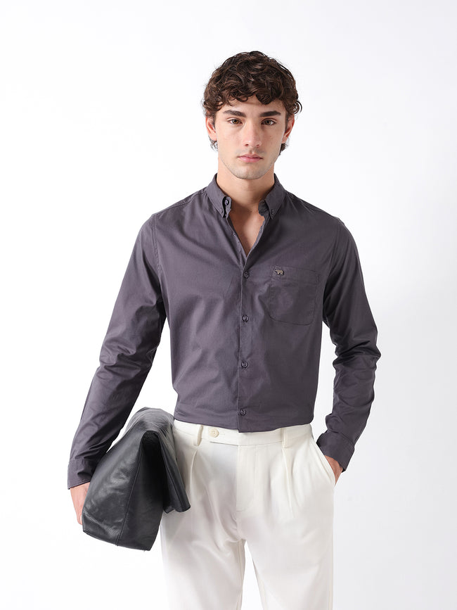 Men Grey Cotton Solid Shirt