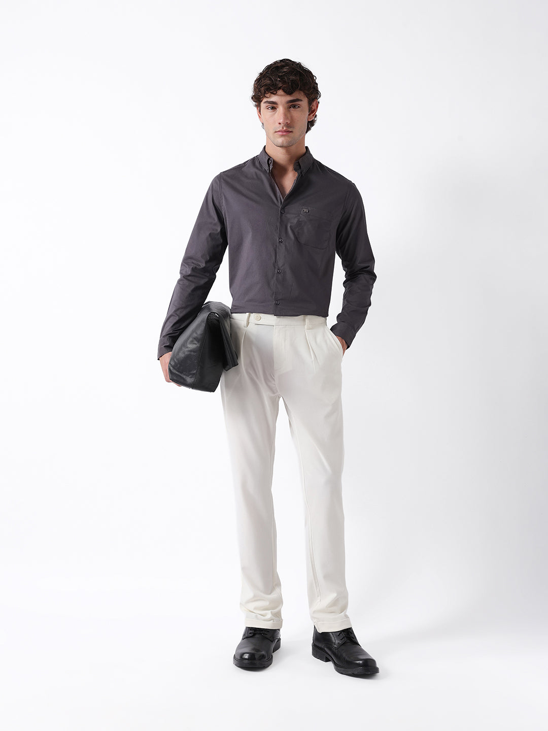 Men Grey Cotton Solid Shirt