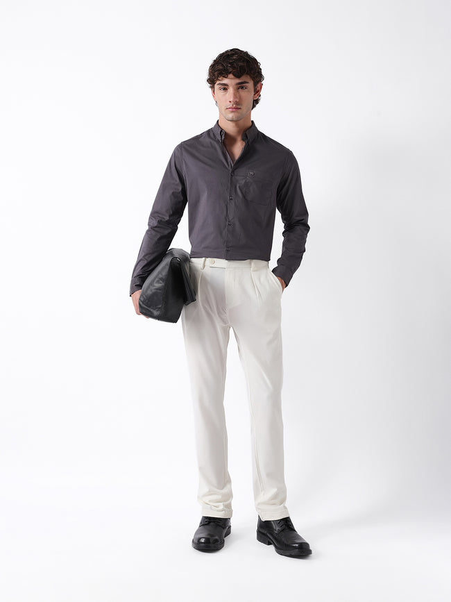 Men Grey Cotton Solid Shirt