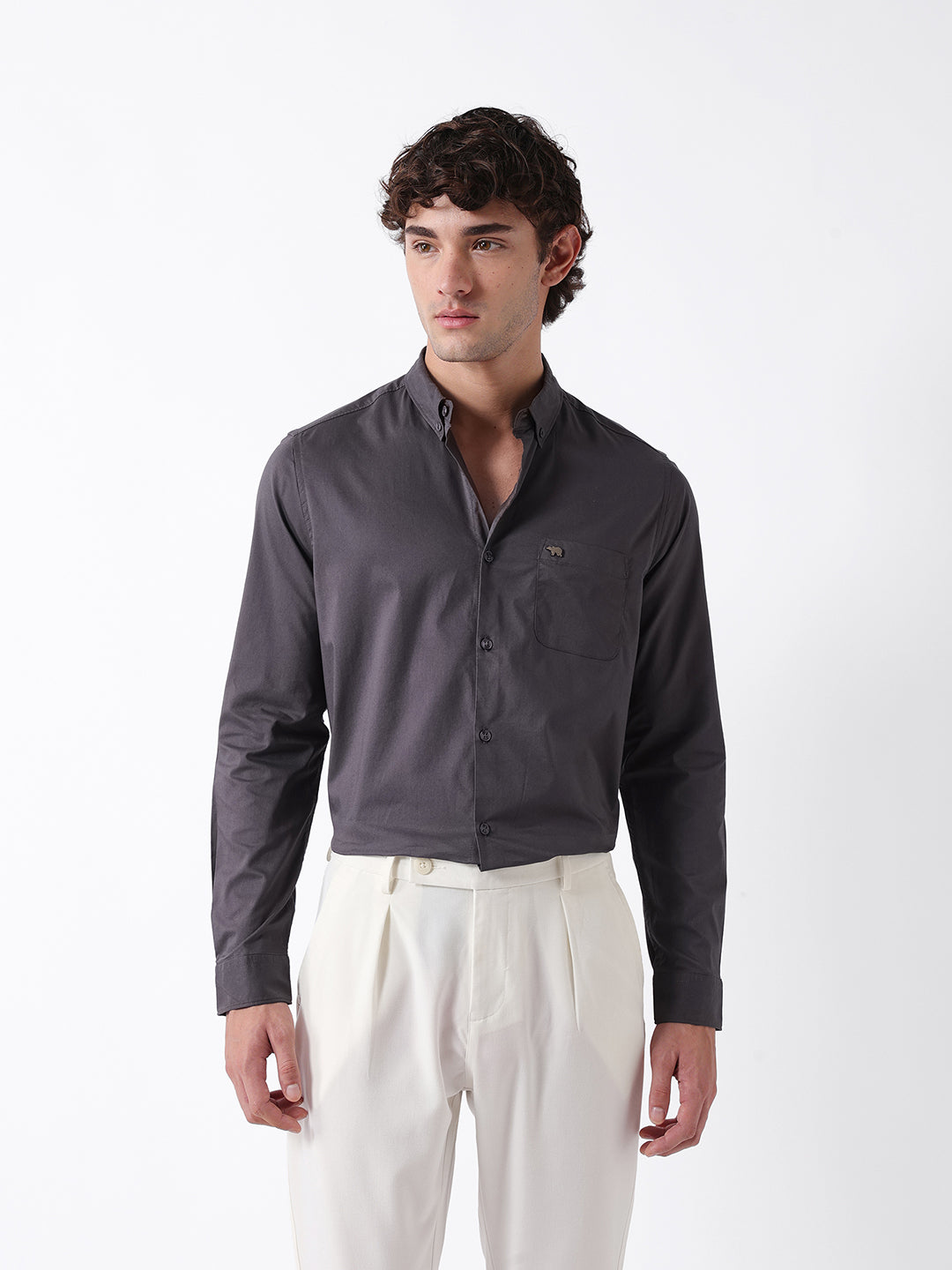 Men Grey Cotton Solid Shirt