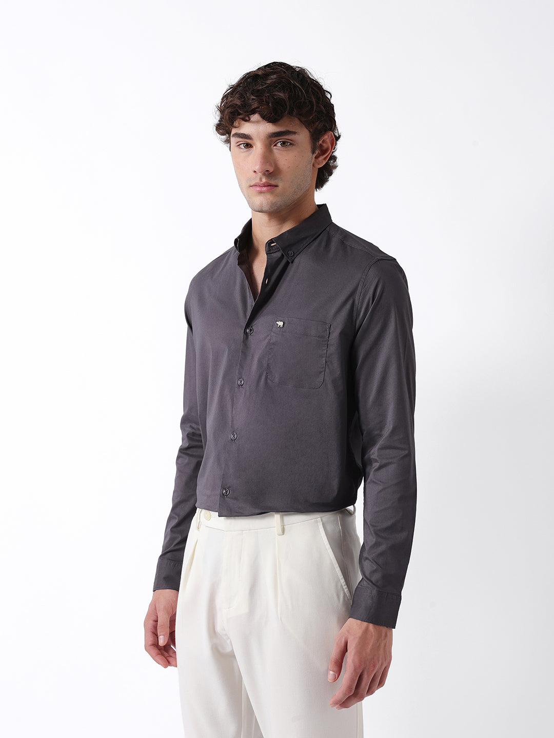 Men Grey Cotton Solid Shirt
