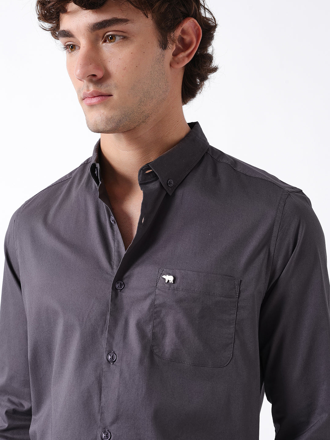 Men Grey Cotton Solid Shirt