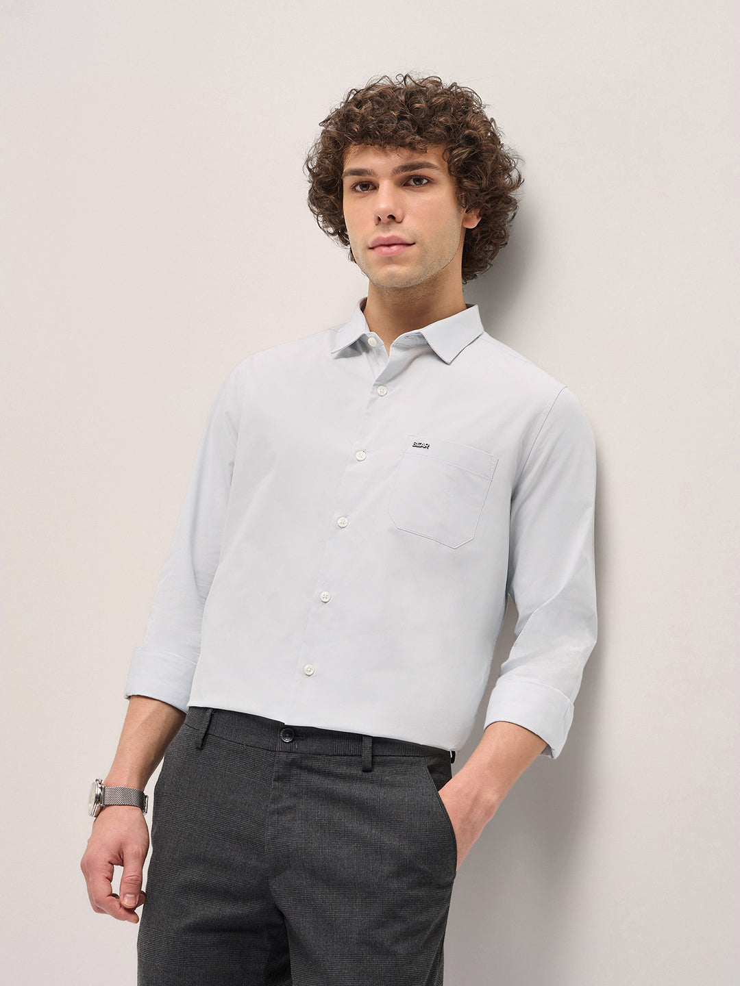 Men Shirt Light Grey Tailored Fit Cotton Formal Shirt
