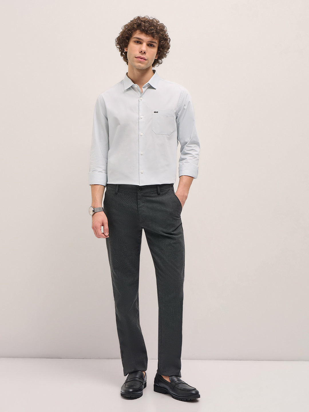 Men Shirt Light Grey Tailored Fit Cotton Formal Shirt