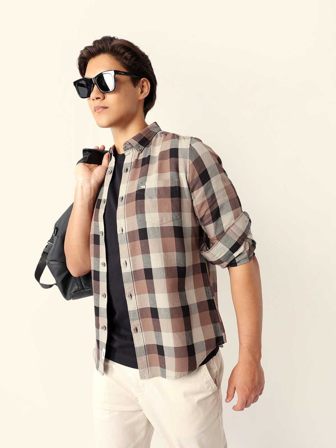 Men Brown Cotton Checked Shirt