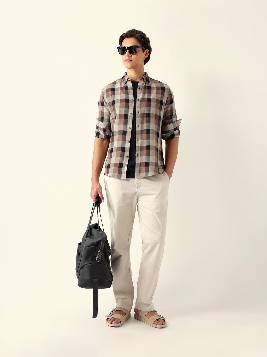 Men Brown Cotton Checked Shirt