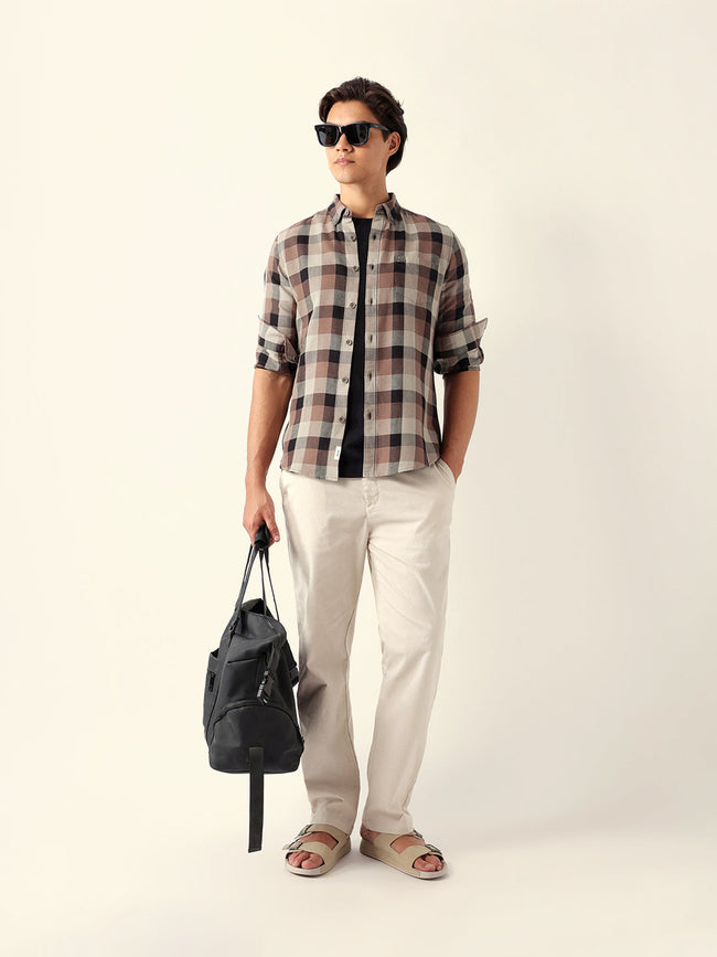 Men Brown Cotton Checked Shirt