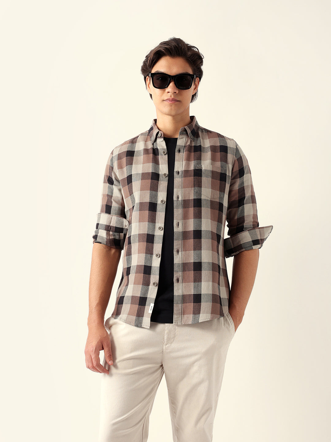 Men Brown Cotton Checked Shirt