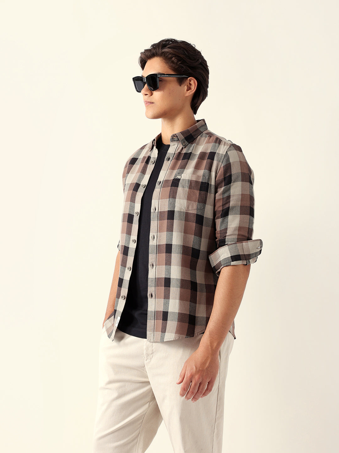 Men Brown Cotton Checked Shirt