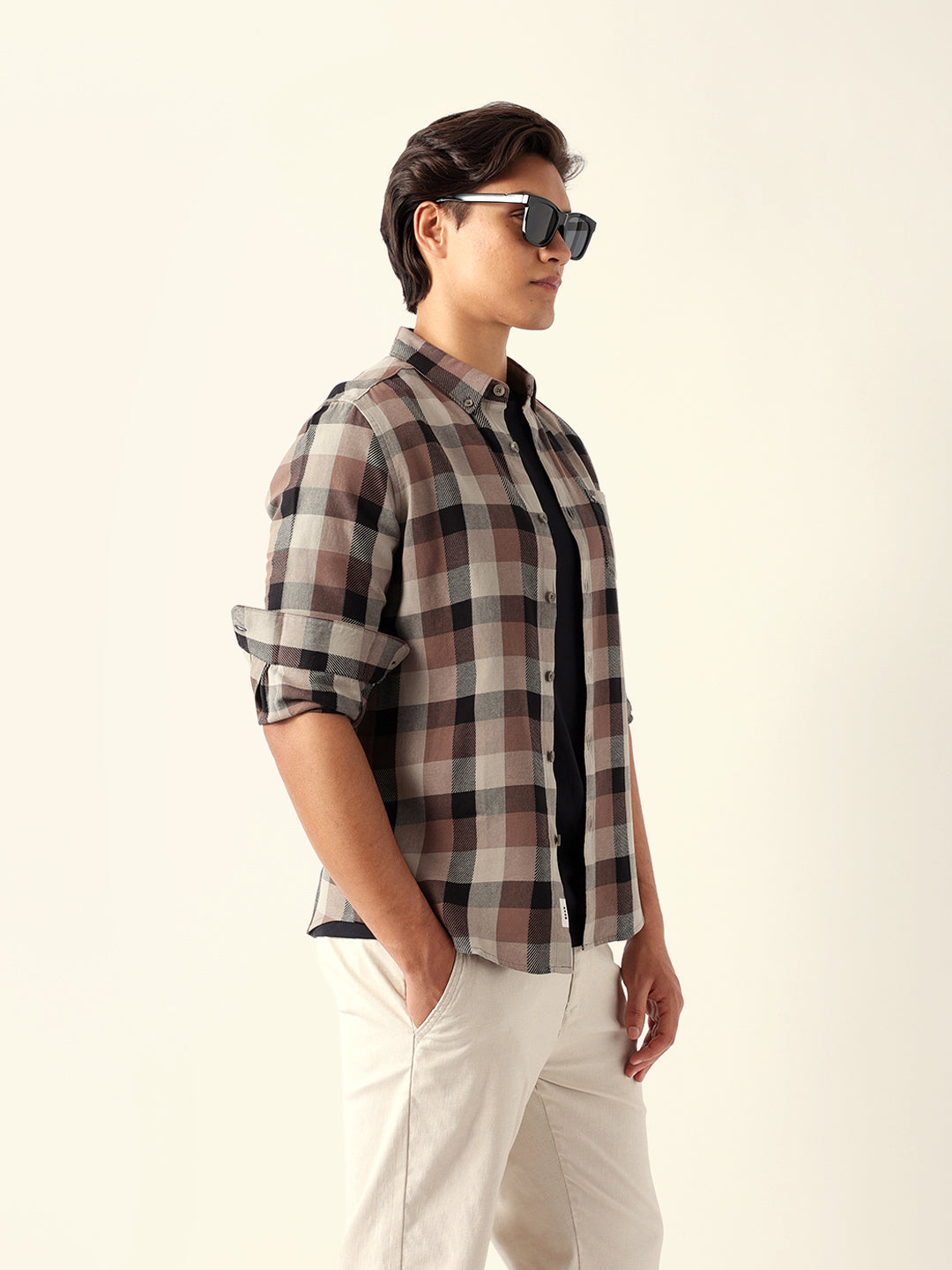 Men Brown Cotton Checked Shirt