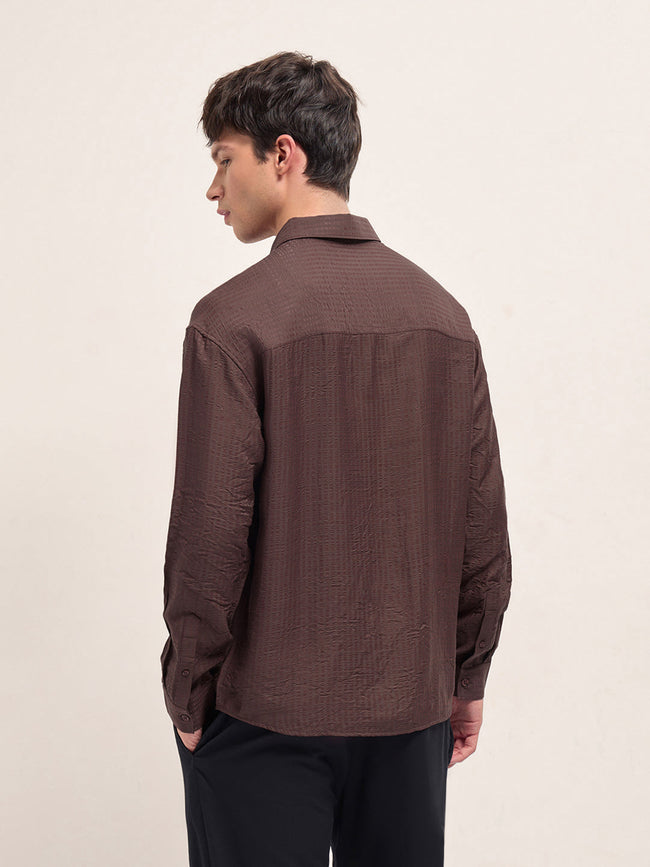 Men Maroon Crinkled Stripe Textured Relaxed Fit Long Sleeve Shirt