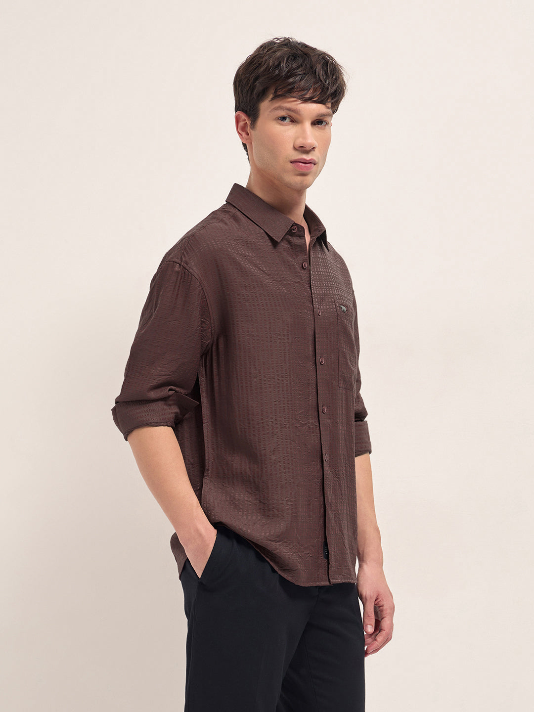 Men Maroon Crinkled Stripe Textured Relaxed Fit Long Sleeve Shirt