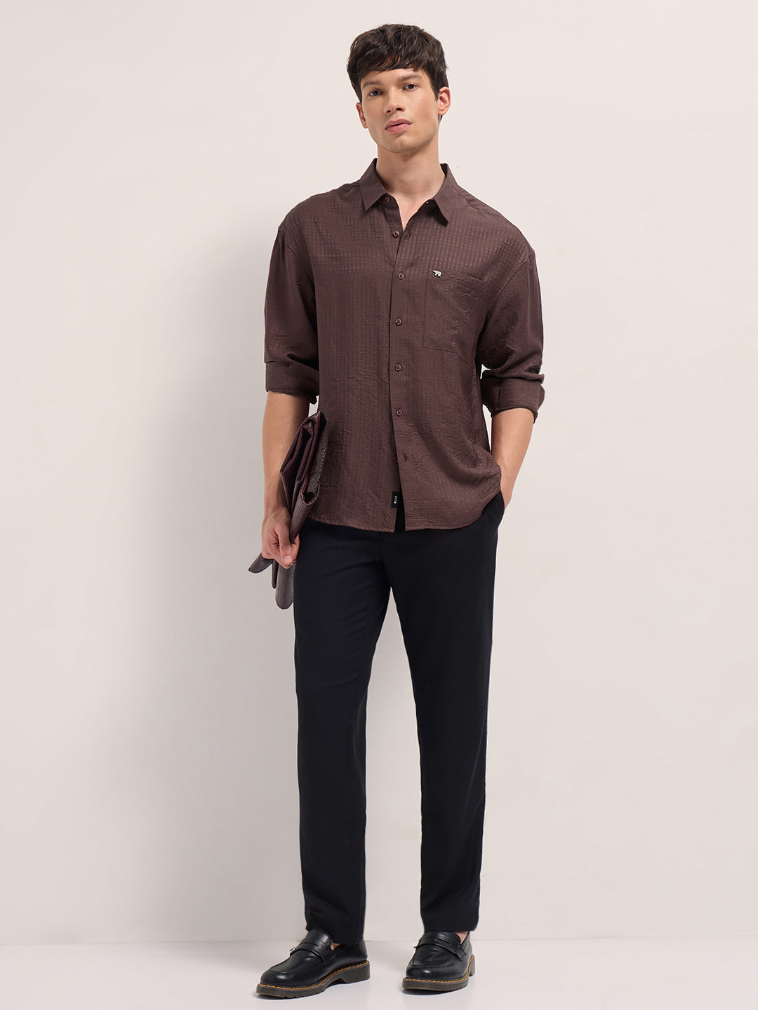 Men Maroon Crinkled Stripe Textured Relaxed Fit Long Sleeve Shirt
