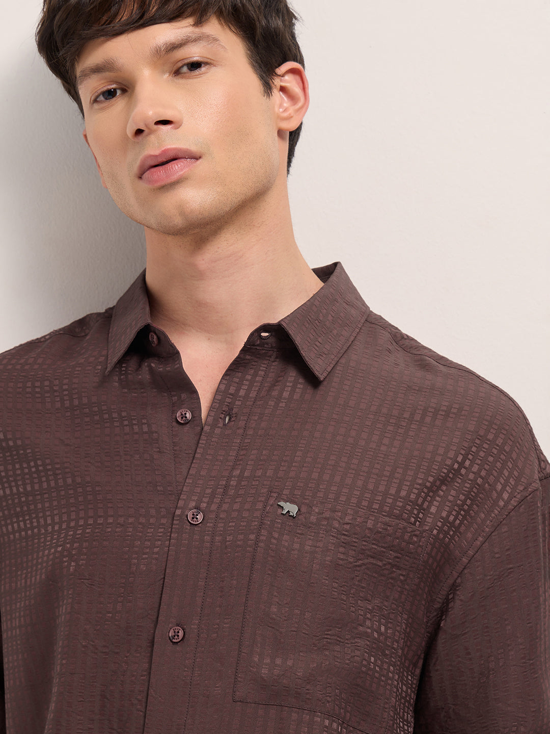 Men Maroon Crinkled Stripe Textured Relaxed Fit Long Sleeve Shirt