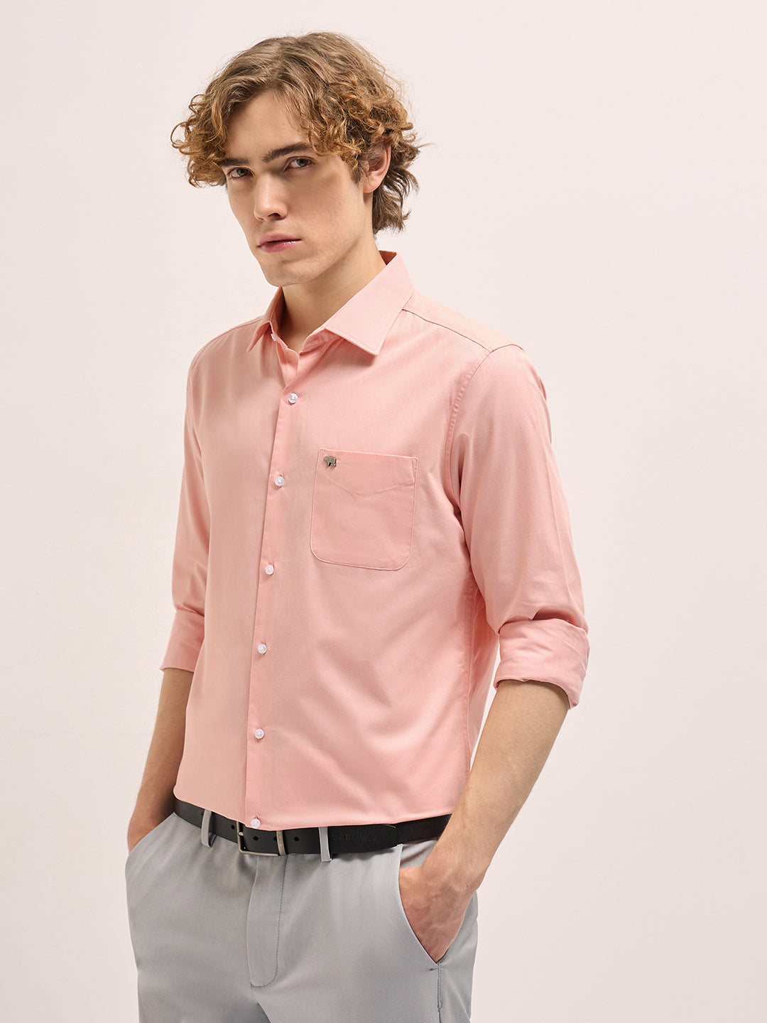 Men Peach Tailored Fit Solid Formal Shirt
