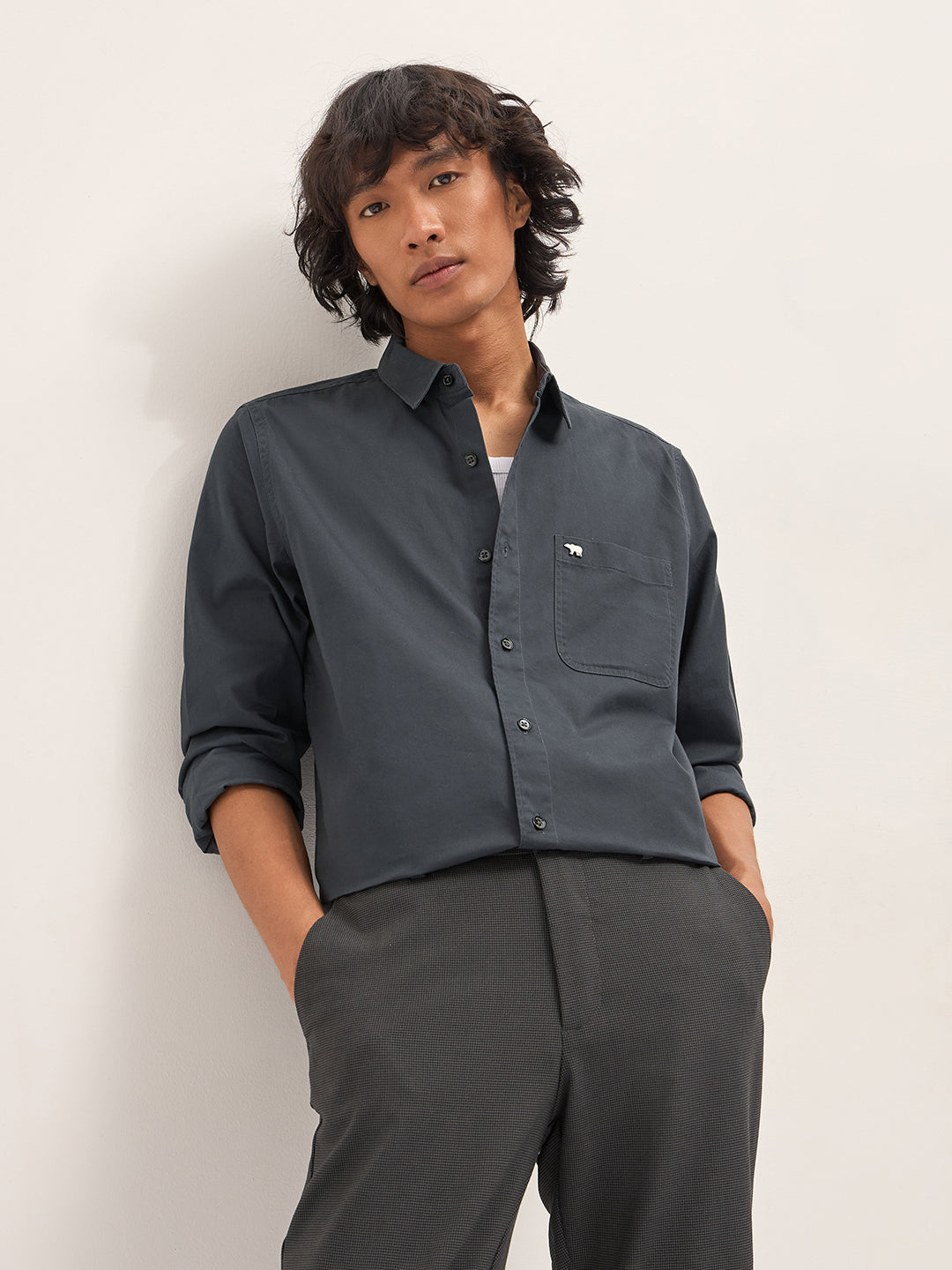 Men Grey Cotton Solid Slim Fit Casual Shirt