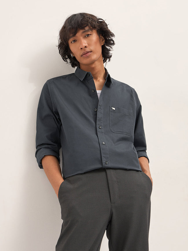 Men Grey Cotton Solid Slim Fit Casual Shirt