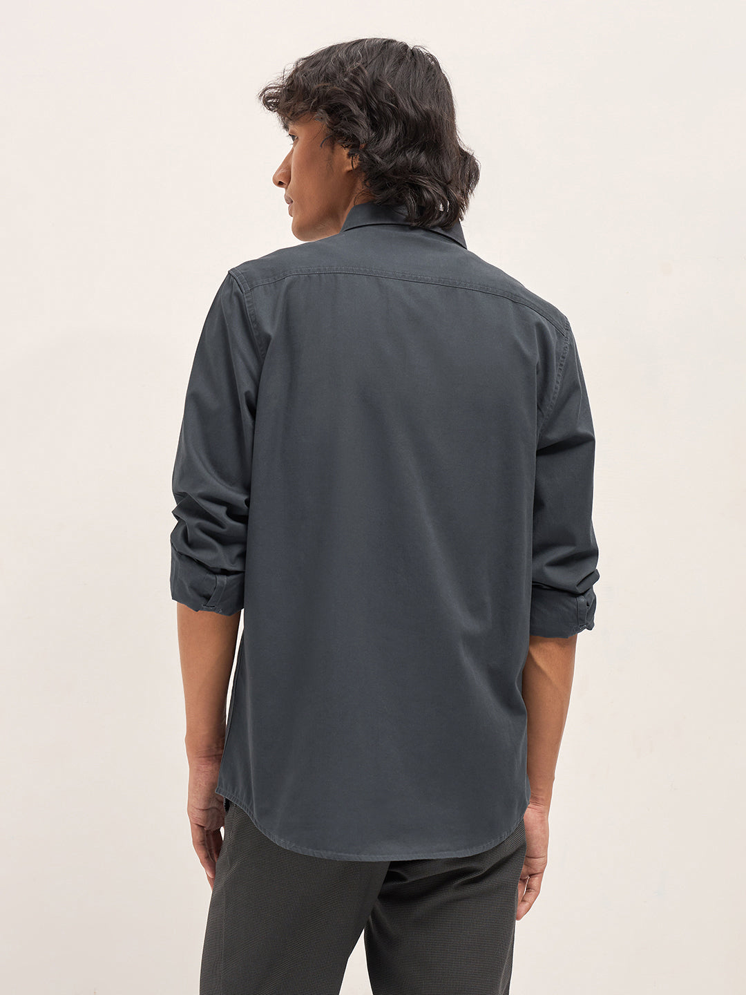 Men Grey Cotton Solid Slim Fit Casual Shirt