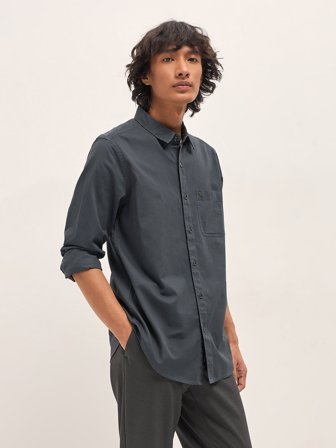 Men Grey Cotton Solid Slim Fit Casual Shirt