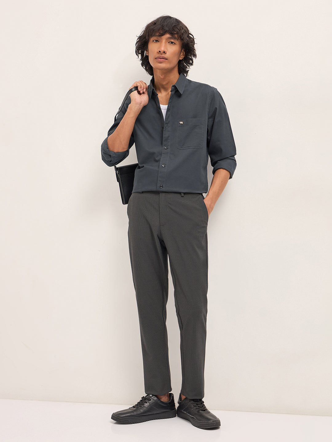 Men Grey Cotton Solid Slim Fit Casual Shirt