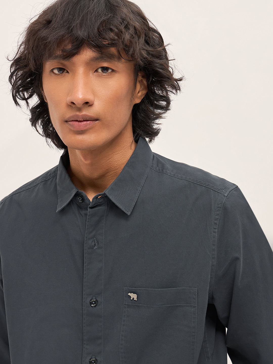 Men Grey Cotton Solid Slim Fit Casual Shirt