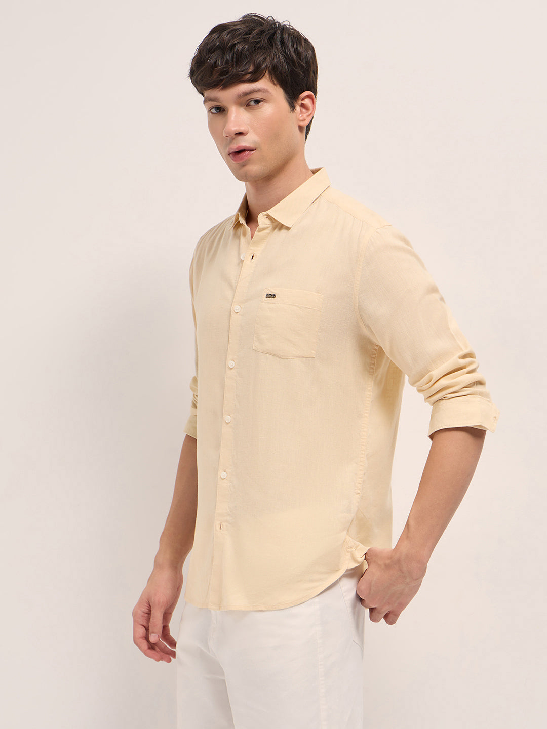 Men Beige Solid Lyocell Slim Fit Casual Shirt