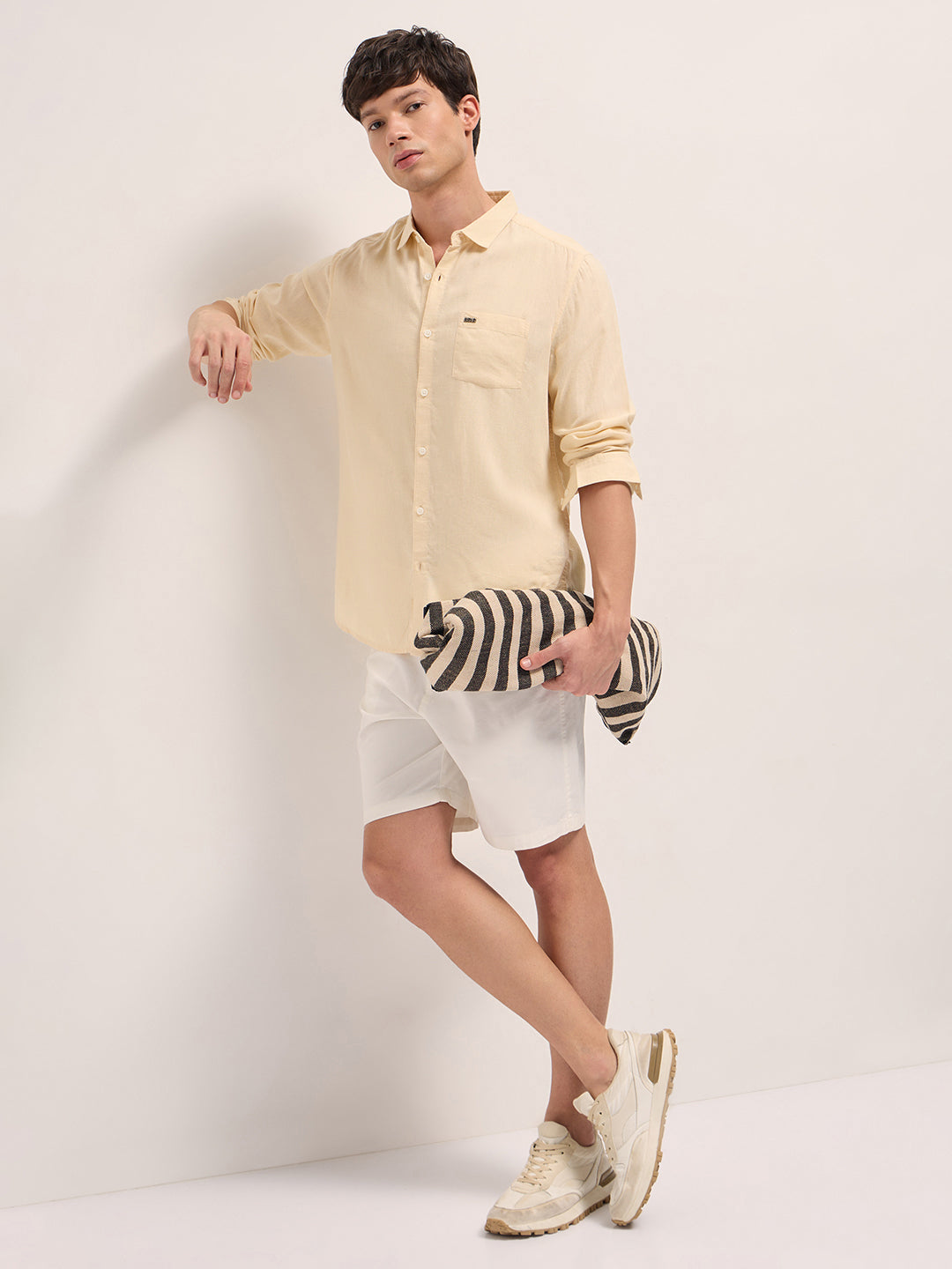 Men Beige Solid Lyocell Slim Fit Casual Shirt