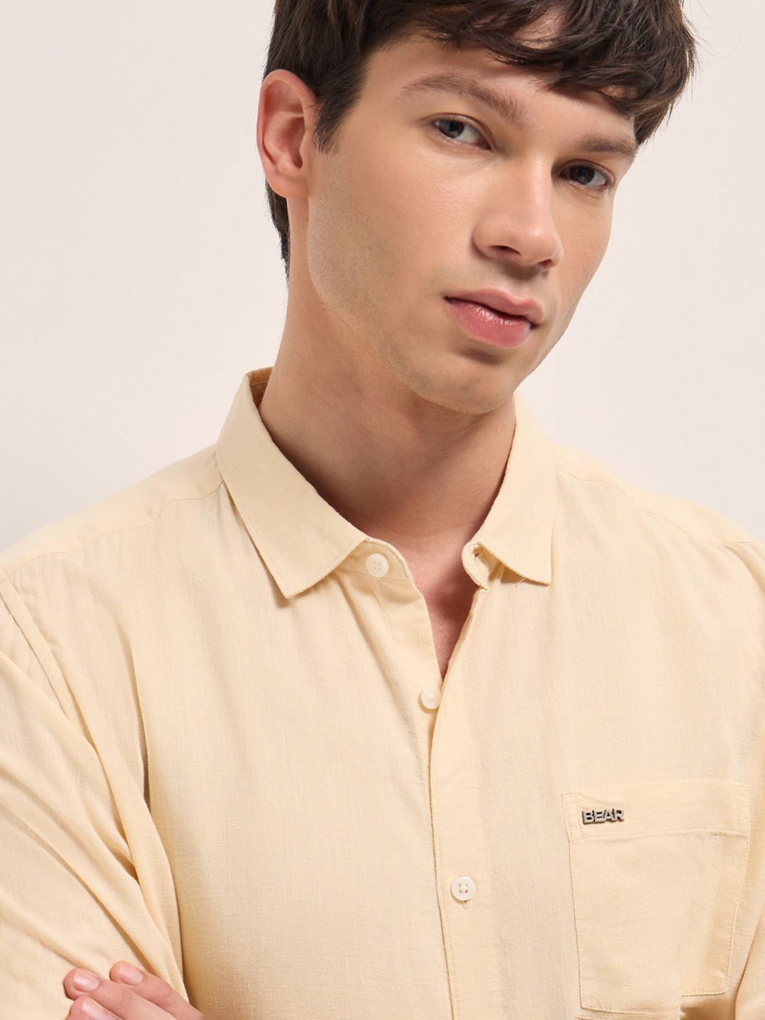 Men Beige Solid Lyocell Slim Fit Casual Shirt