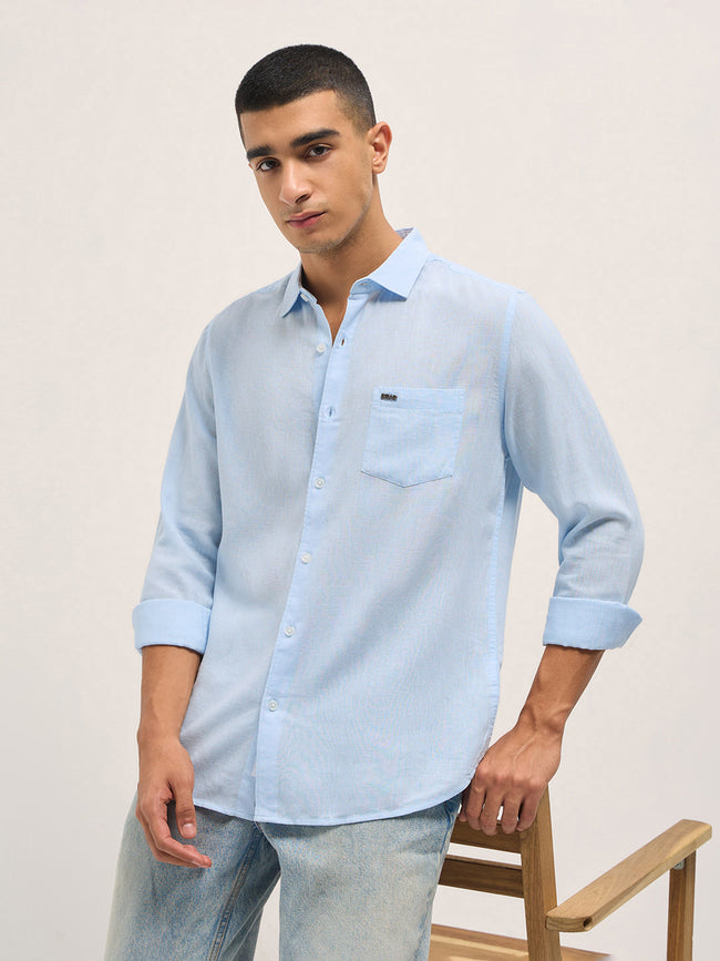 Men Light Blue Solid Lyocell Slim Fit Casual Shirt