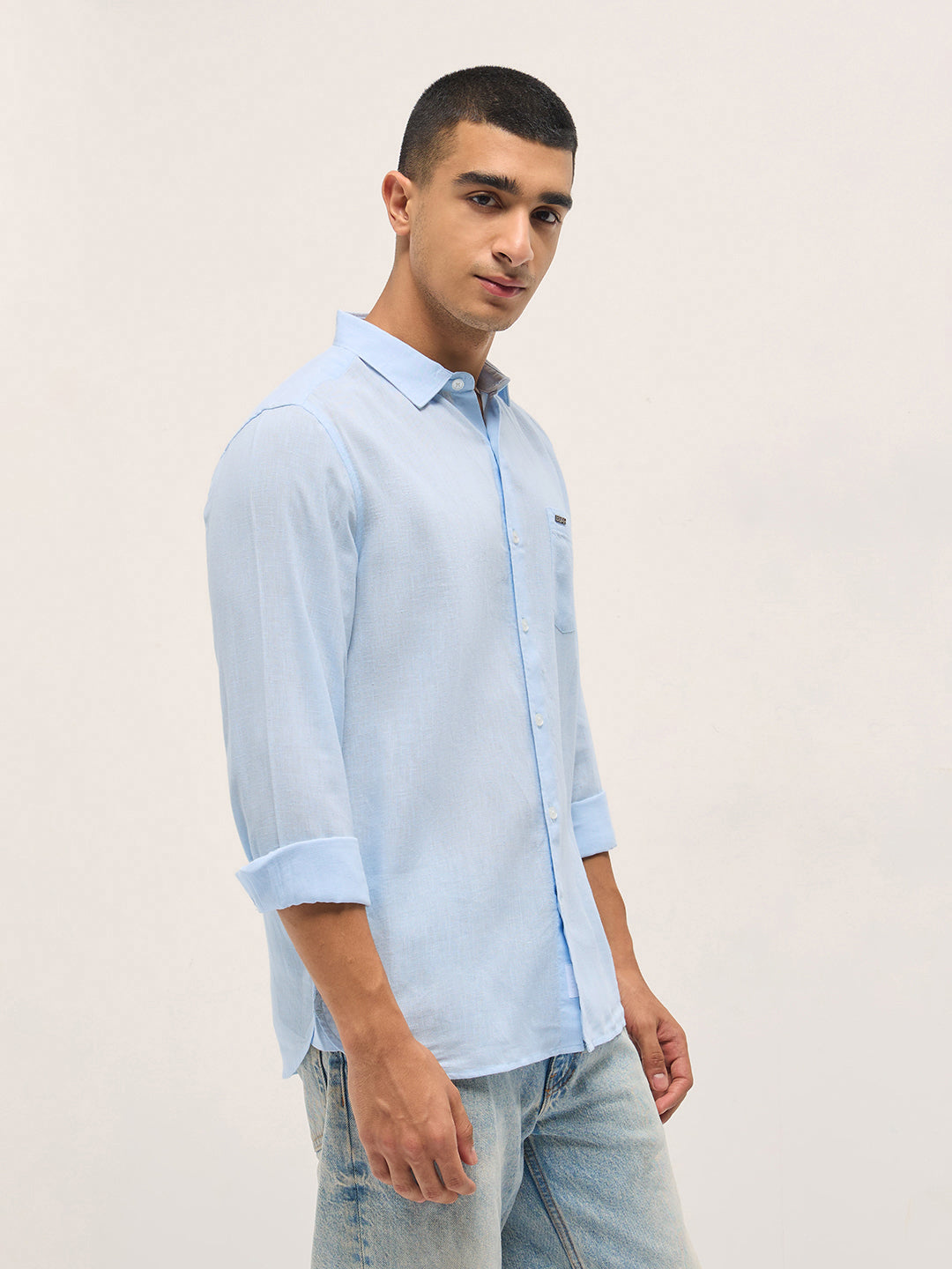 Men Light Blue Solid Lyocell Slim Fit Casual Shirt