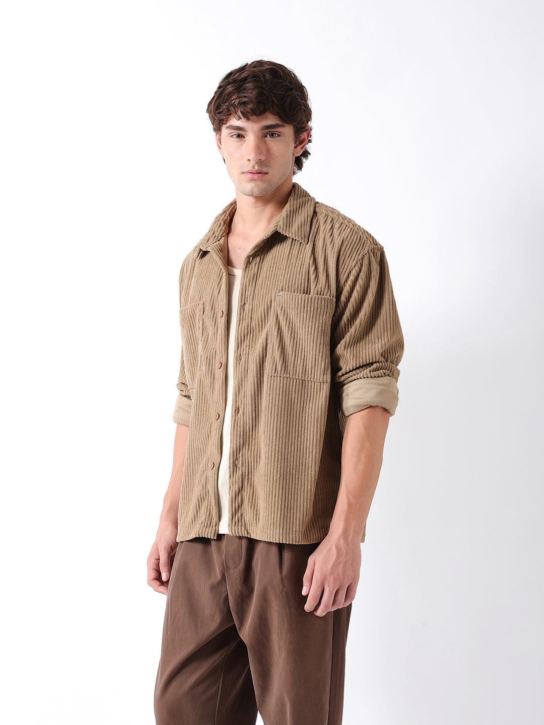 Men Beige Corduroy Overshirt