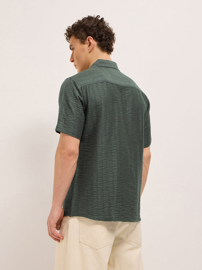 Men Olive Crinkled Textured Regular Fit Half-Sleeve Casual Shirt