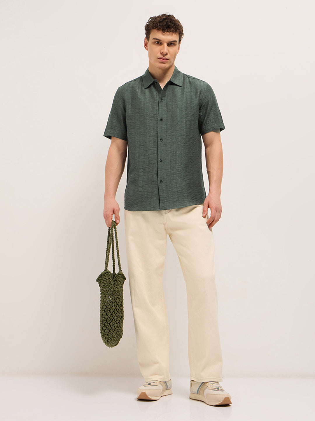 Men Olive Crinkled Textured Regular Fit Half-Sleeve Casual Shirt