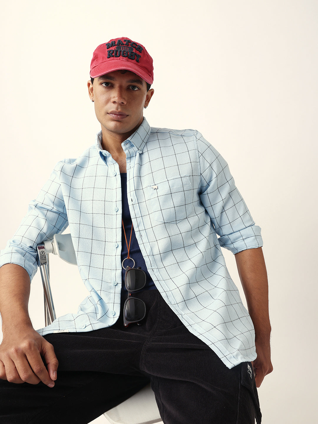 Men Blue Polyester Checked Shirt