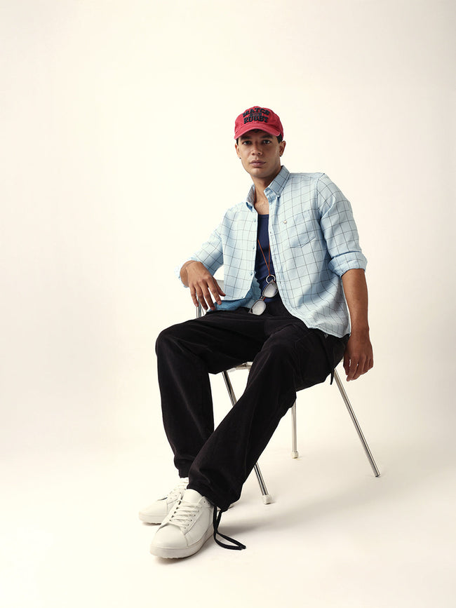 Men Blue Polyester Checked Shirt