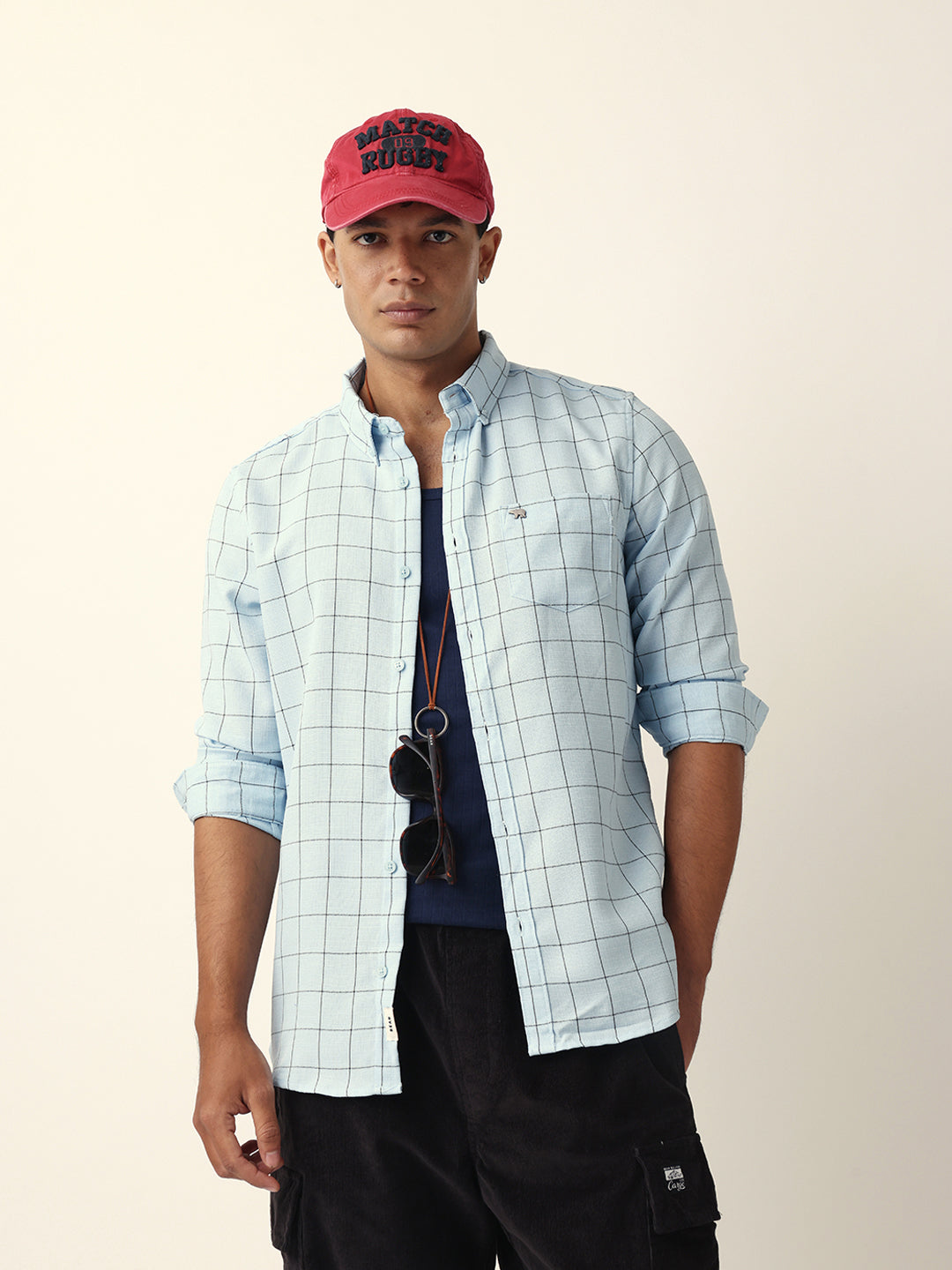 Men Blue Polyester Checked Shirt