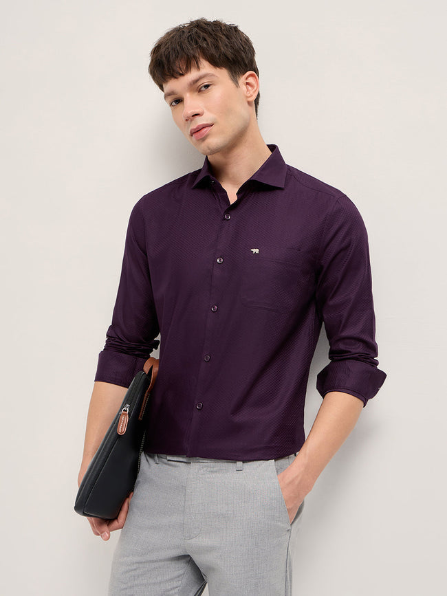 Men Purple Woven Pattern Cotton Tailored Fit Formal Shirt