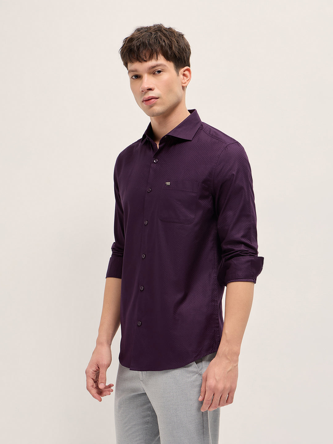 Men Purple Woven Pattern Cotton Tailored Fit Formal Shirt