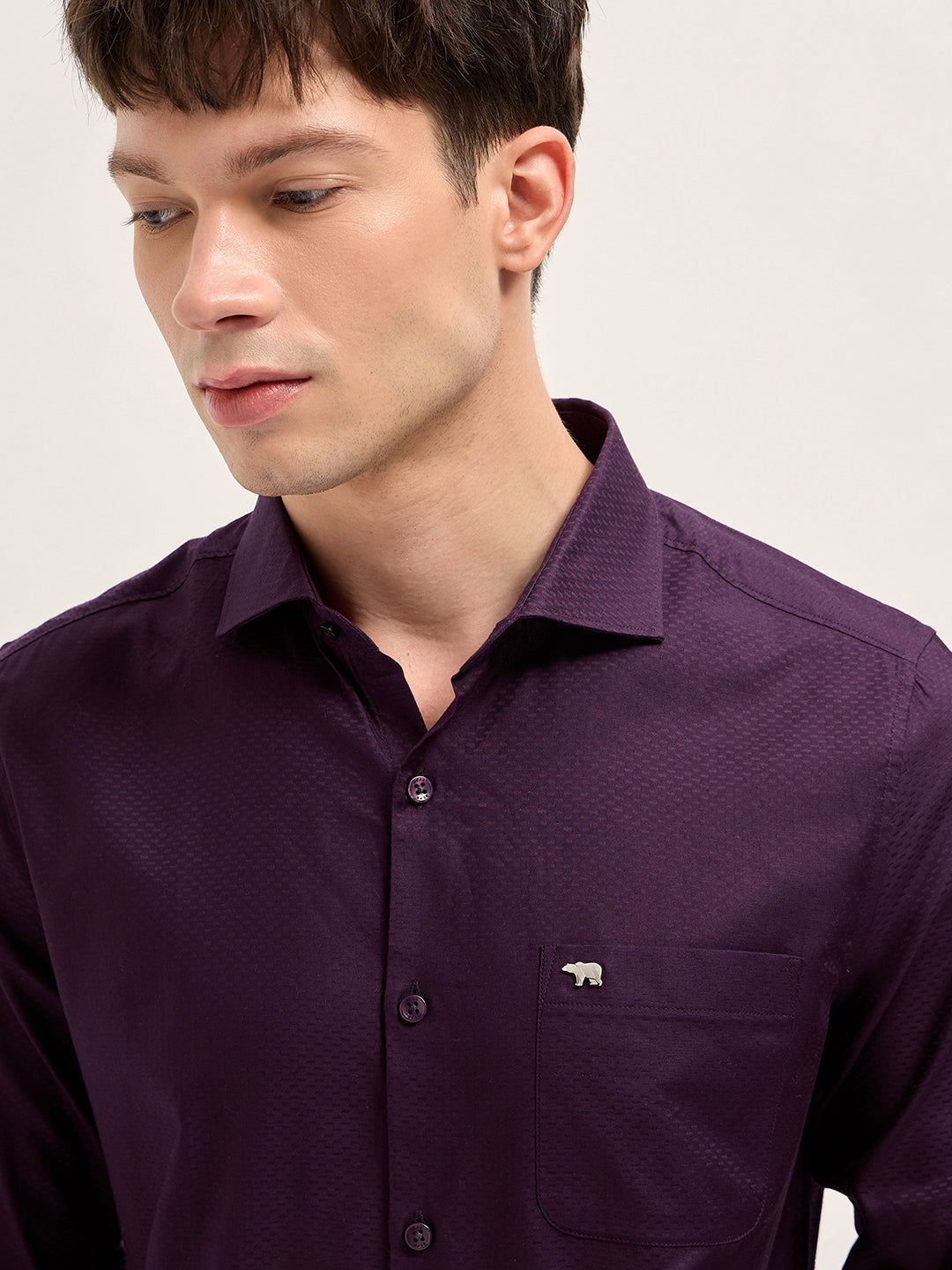 Men Purple Woven Pattern Cotton Tailored Fit Formal Shirt