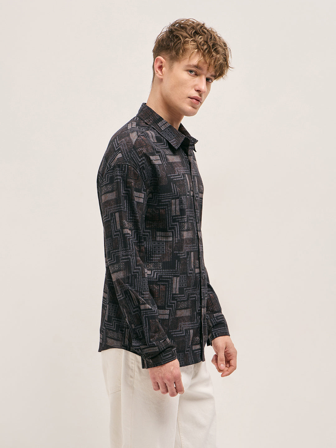 Men Black Geometric Printed Relax Fit Casual Overshirt