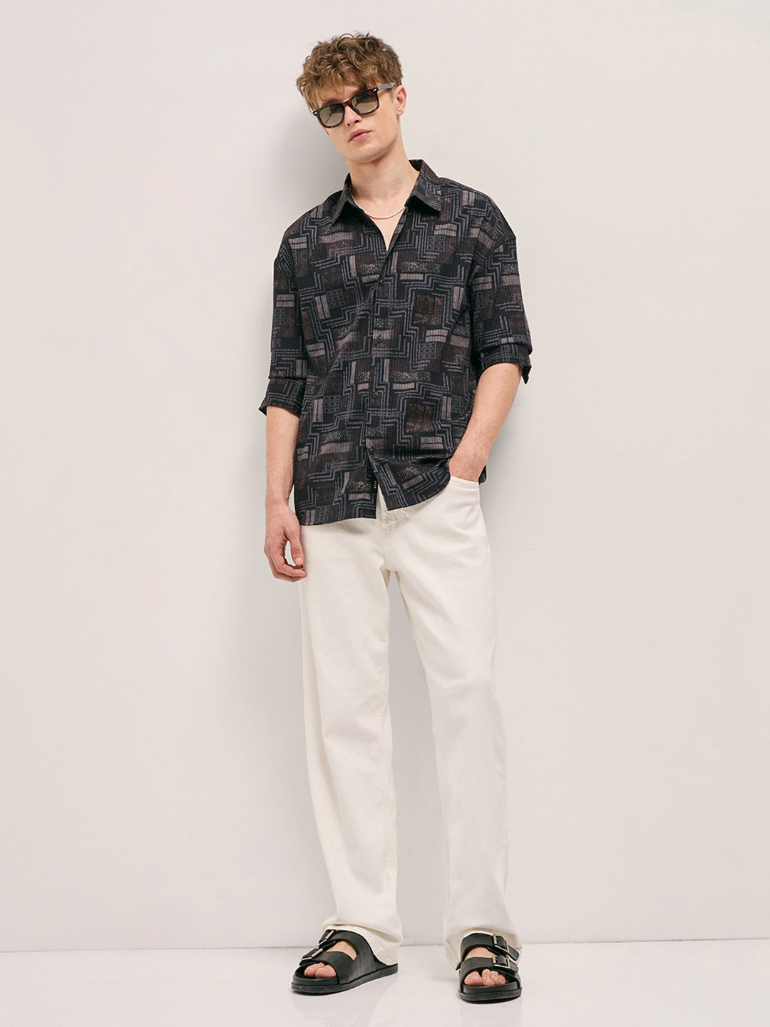 Men Black Geometric Printed Relax Fit Casual Overshirt