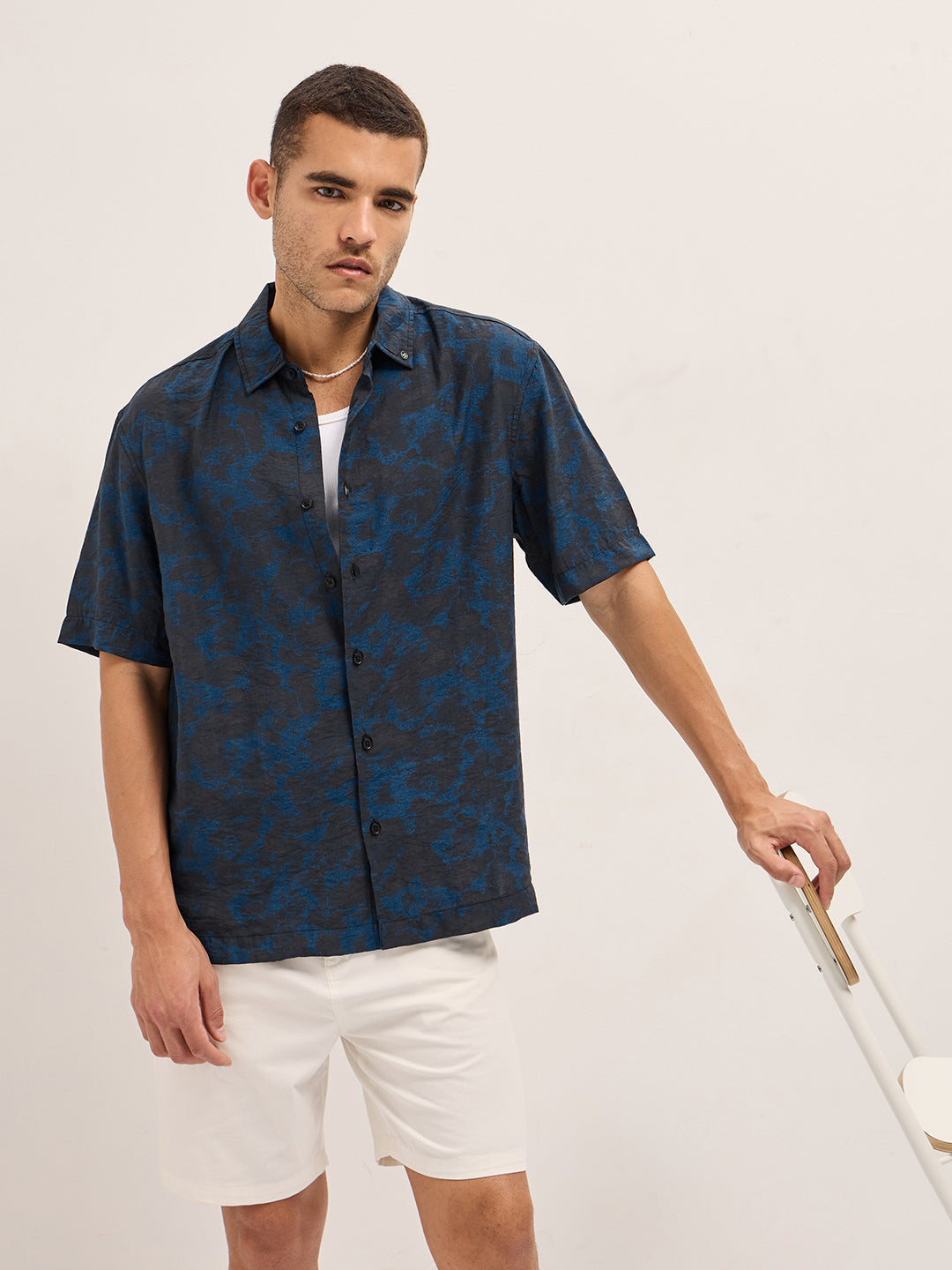 Men Dark Blue Abstract Digital Print Relax Fit Casual Shirt