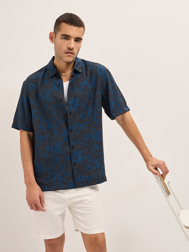 Men Dark Blue Abstract Digital Print Relax Fit Casual Shirt
