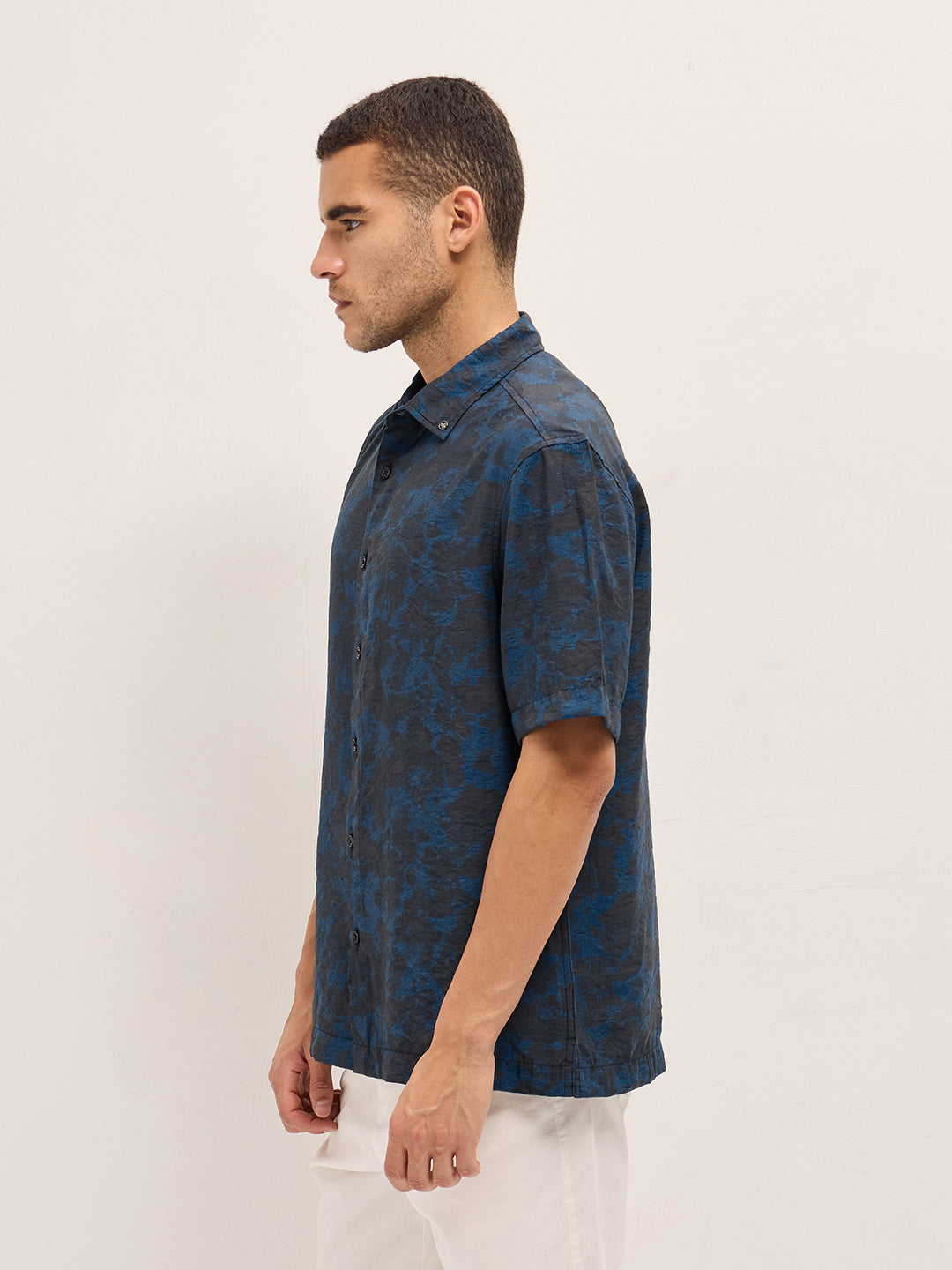Men Dark Blue Abstract Digital Print Relax Fit Casual Shirt