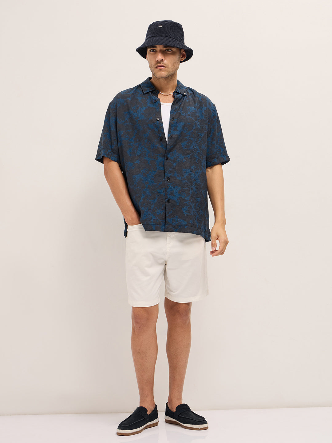 Men Dark Blue Abstract Digital Print Relax Fit Casual Shirt