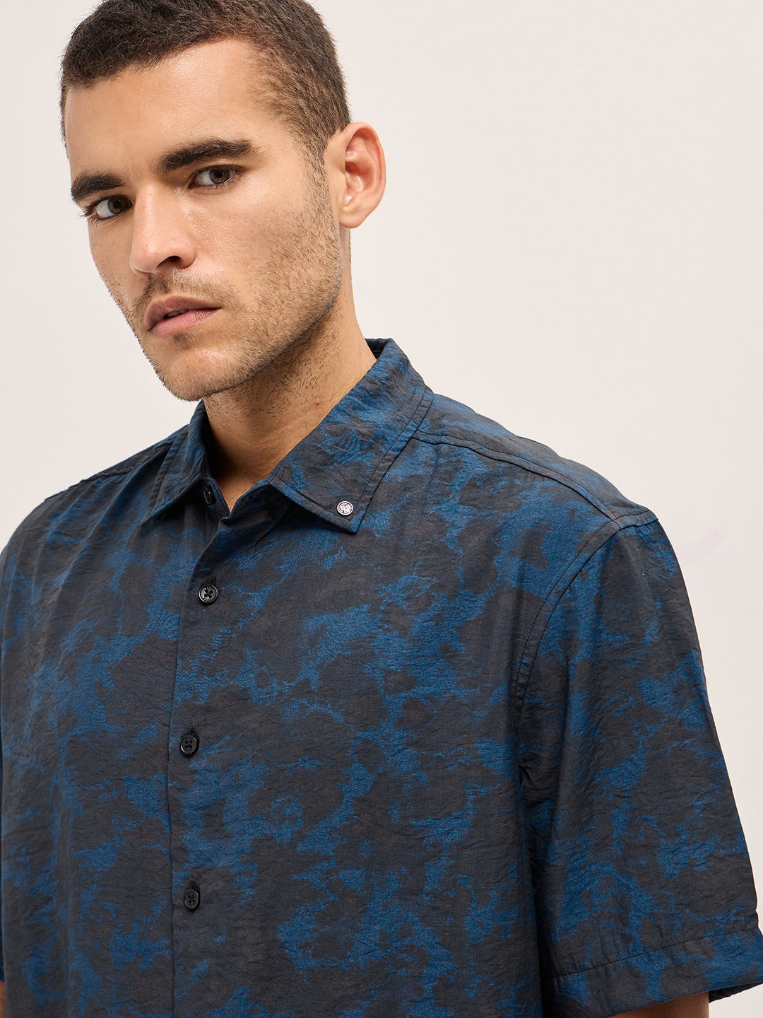 Men Dark Blue Abstract Digital Print Relax Fit Casual Shirt