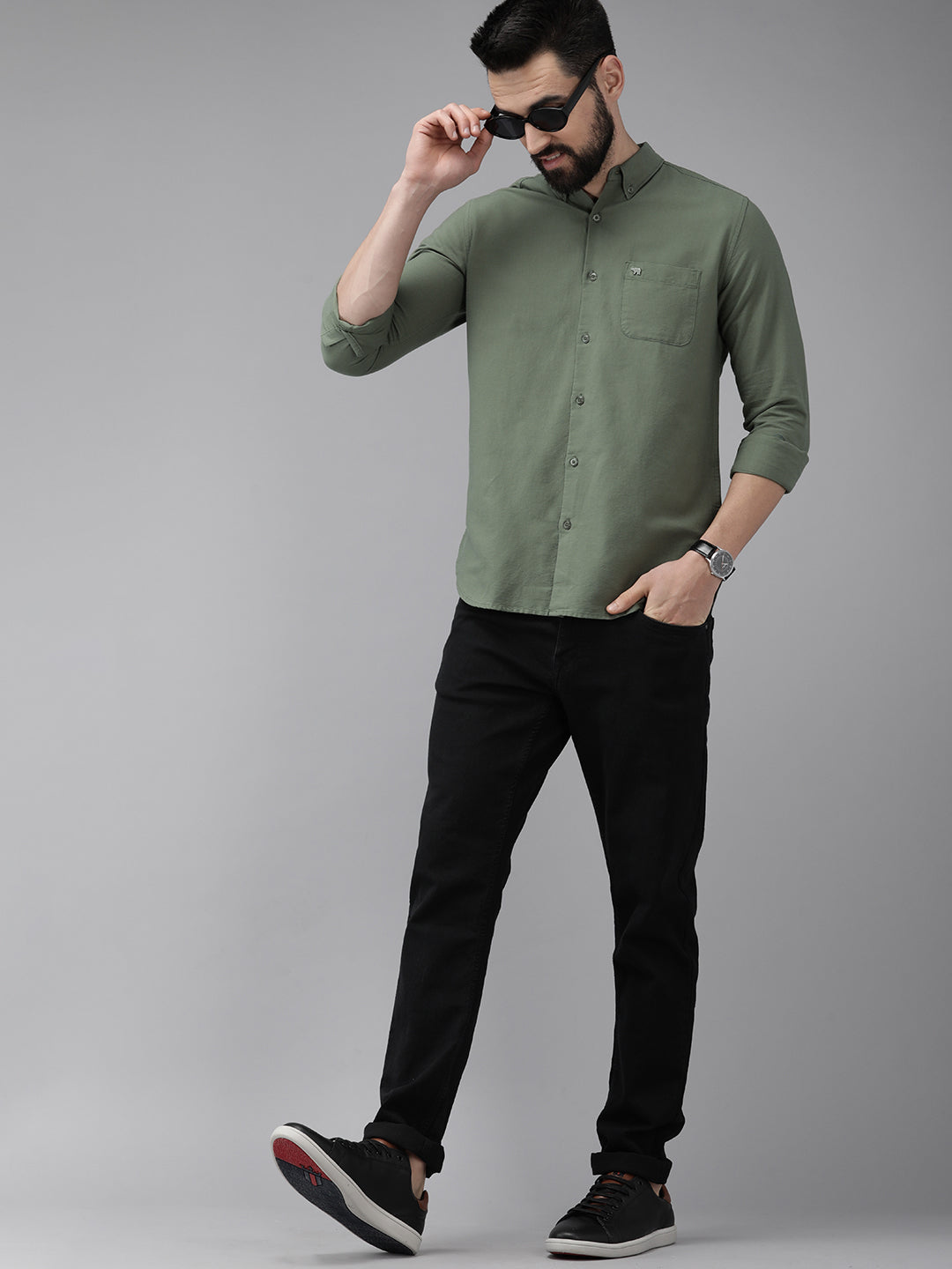 Men Green Cotton Casual Shirt