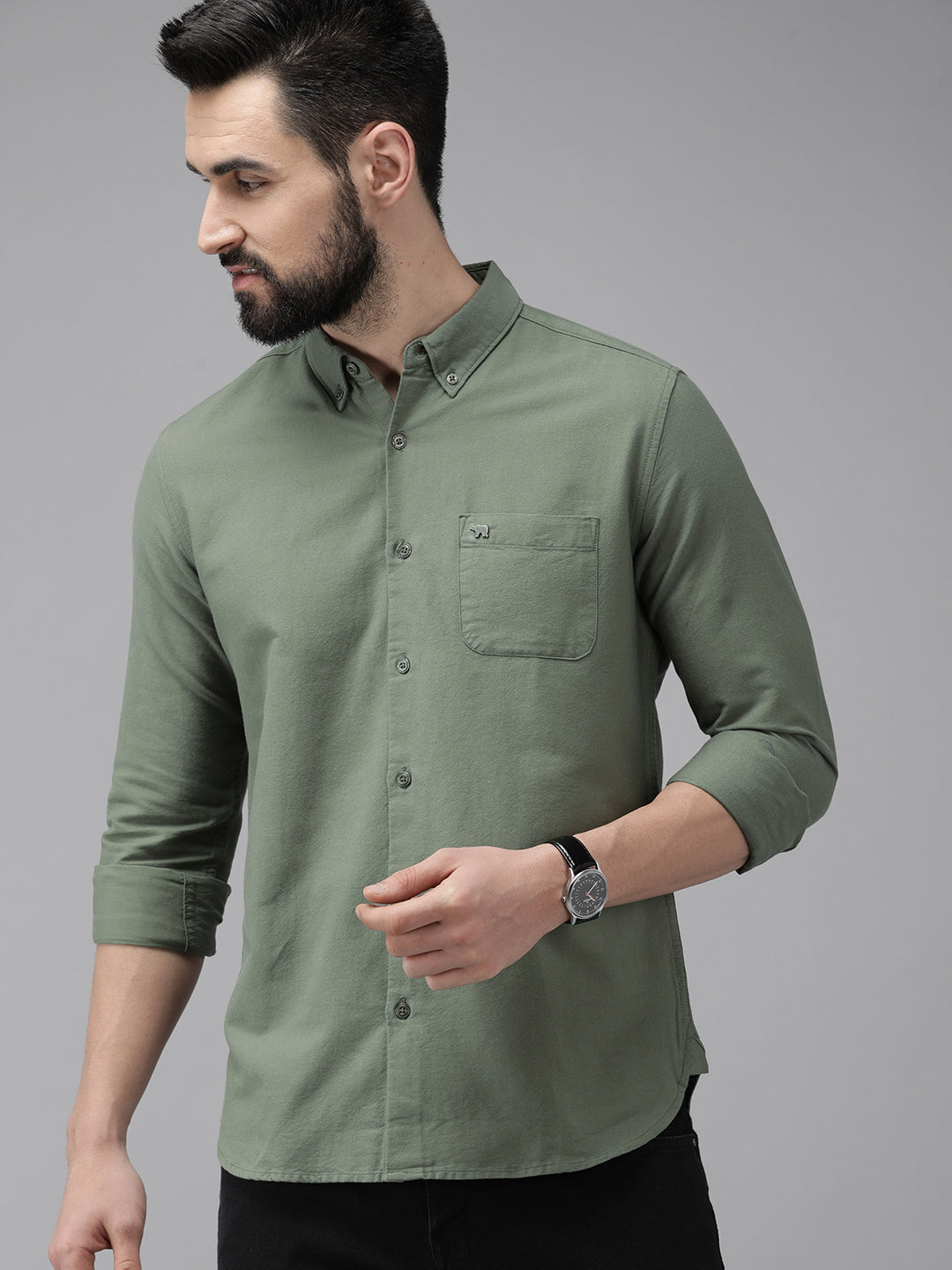 Men Green Cotton Casual Shirt